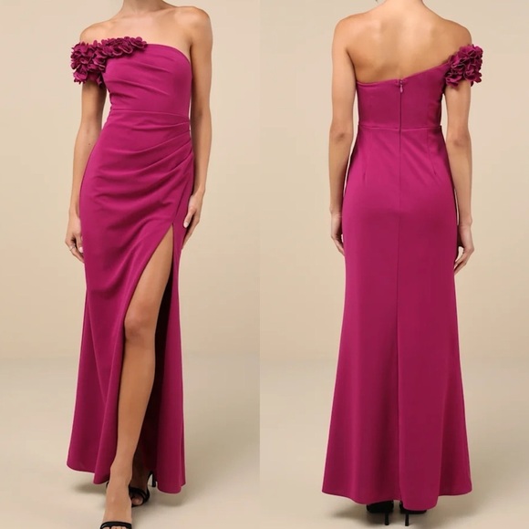 Lulus Dresses & Skirts - NWOT Beyond Elegant Magenta 3D Floral One-Shoulder Maxi Dress